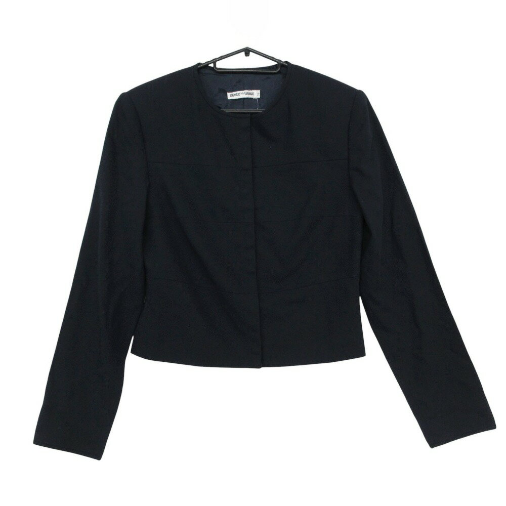 樂天商城 - Emporio Armani エンポリオ・アルマーニ ノーカラージャケット スナップボタン クロップド ショート丈 ネイビー 38【S】 レディース 【中古】