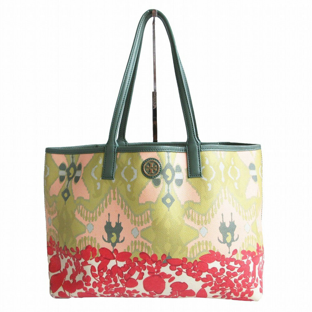 Tory Burch トリーバーチ トートバッグ ボタニカル柄 肩掛けショルダーバッグ 総柄 ハンドバッグ フラワー ロゴプレート キャンバス グリーン レディース 【中古】