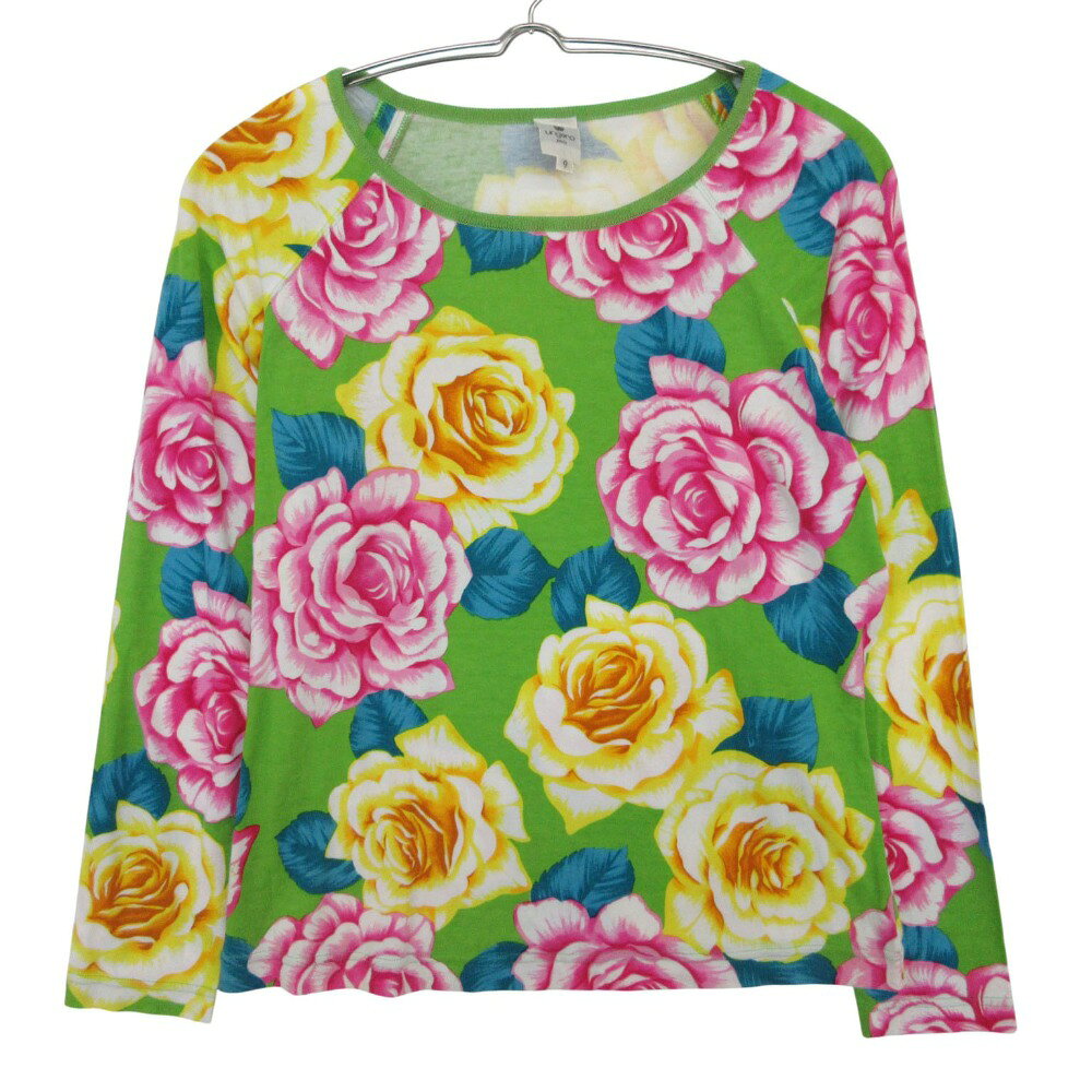 emanuel ungaro ウンガロ カットソー 花柄 クルー コットン100％ 長袖 イエローグリーン×ピンク 9【M】 レディース 【中古】