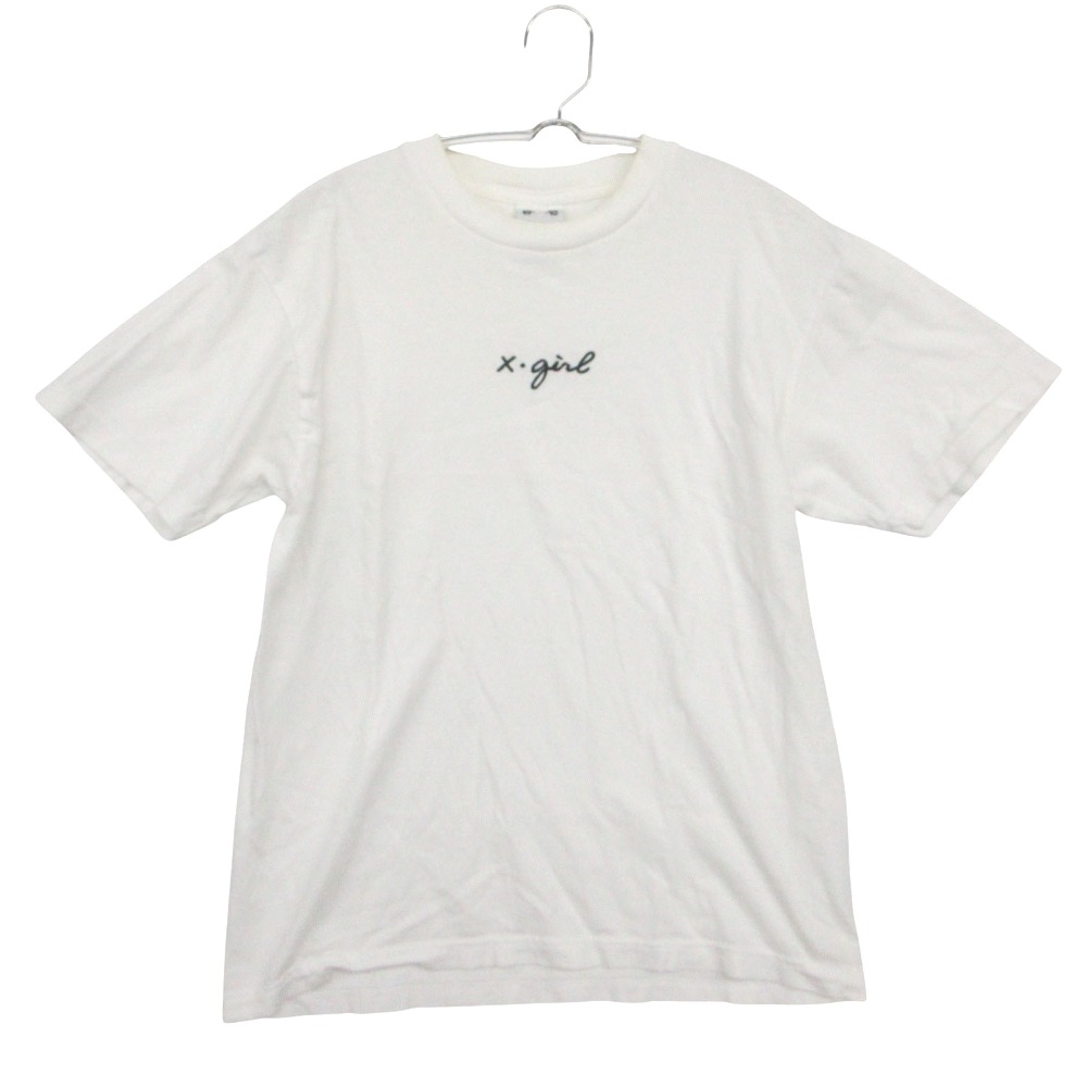 17AW X-girl エックスガール 半袖Tシャツ EMBROIDERED CURSIVE LOGO S/S TEE ロゴ 刺繍 カットソー クルーネック トップス ホワイト 2 レディース 