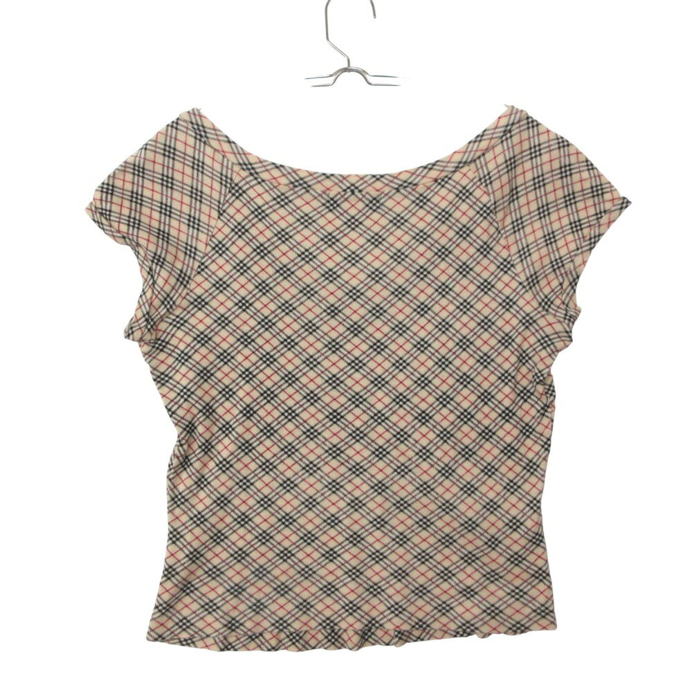 BURBERRY BLUE LABEL バーバリーブルーレーベル 半袖Tシャツ フレンチスリーブ Vネック ノバチェック柄 カットソー ホース刺繍 トップス ベージュ M レディース 【中古】