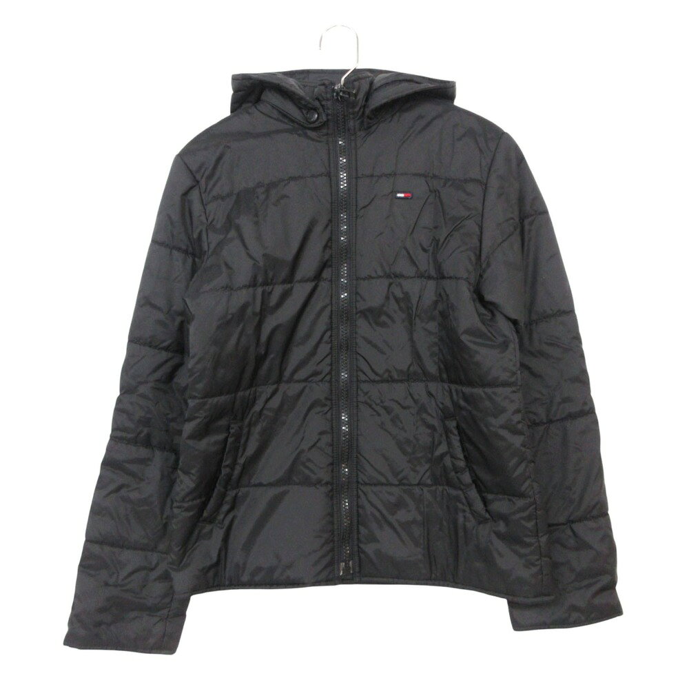 TOMMY トミー ジーンズ ブルゾン 中綿 ワンポイントロゴ ジップアップ ジャケット コート アウター フーディー ブラック レディース 【中古】