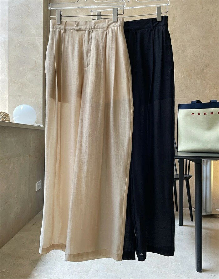 パンツ ワイド ロング レディース ボトムス きれいめ 夏 春 秋 タックパンツ 透け感 透かし感 薄手 涼しい 冷感 ひんやり UVカット テンセル ガチョウパンツ ロング ロングパンツ 長ズボン ハイウエスト タックパンツ マキシ丈 上品 高級感 素材感 大きいサイズ S/M/L