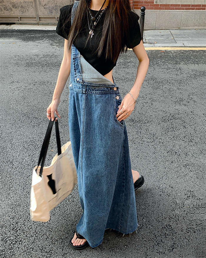 サロペットスカート デニム スカート レディース ジャンバースカート ワンピース ジャンスカ サロペ オールインワン デニムワンピ ロングワンピ ロング丈 マキシ丈 きれいめ 春夏秋冬 ポケット付き バックスリット デイリー デート 旅行 通学 キャンプ ママコーデ