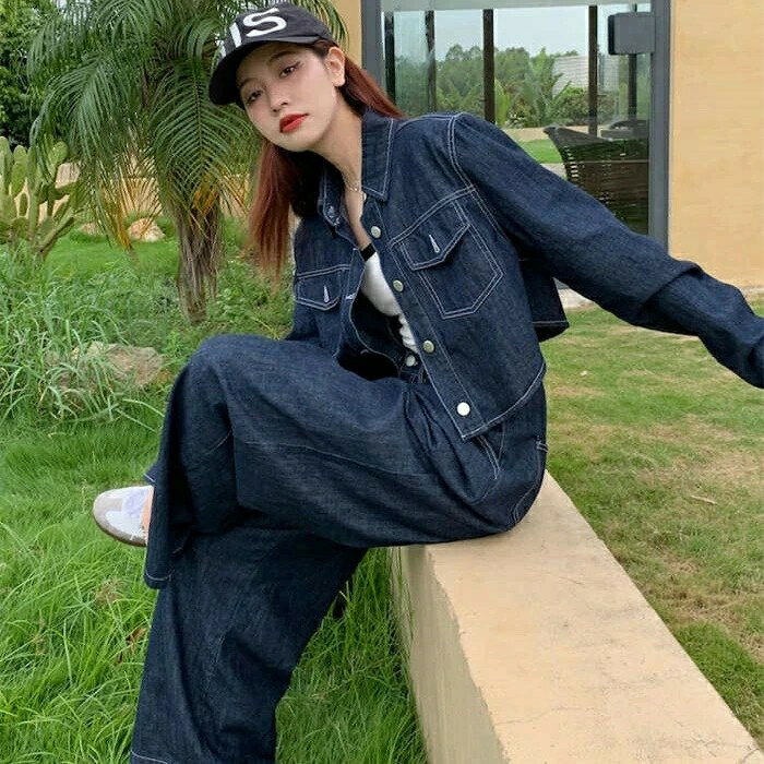 セットアップ デニム レディース パンツセット上下セット 春 秋冬 長袖 アウター ジーンズ デニムジャケット 無地 トップス ボトムス ロング丈 前開き ワイドパンツ ジャケット トレンド カジュアル ベーシック おしゃれ ストリート おしゃれ 体型カバー お出かけ