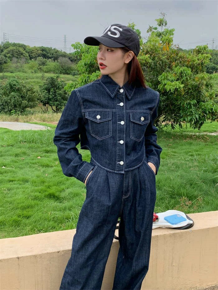 セットアップ デニム レディース パンツセット上下セット 春 秋冬 長袖 アウター ジーンズ デニムジャケット 無地 トップス ボトムス ロング丈 前開き ワイドパンツ ジャケット トレンド カジュアル ベーシック おしゃれ ストリート おしゃれ 体型カバー お出かけ