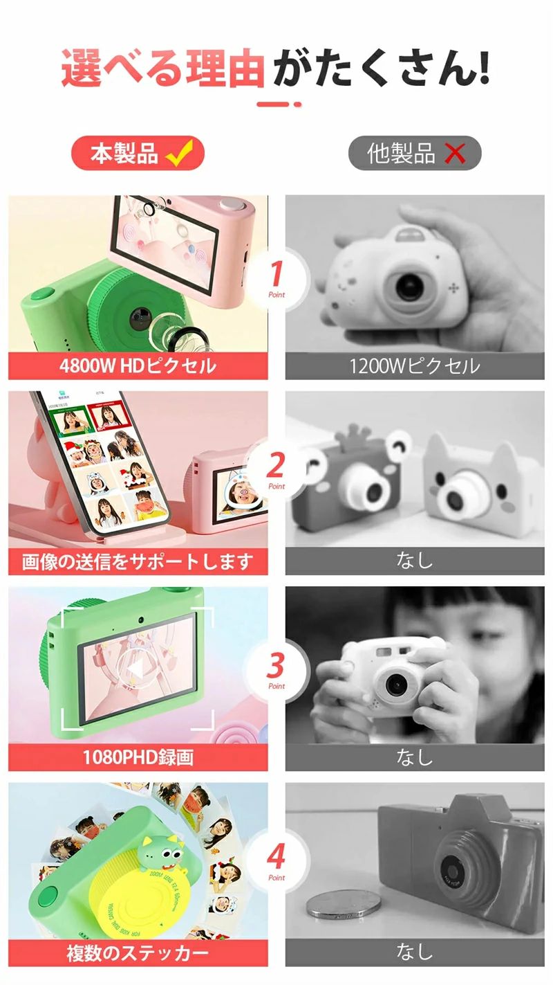 カメラ 子供 デジタルカメラ 公式「4800万画素1080p録画＆自撮り」32GBカード付 3.0インチ大画面 キッズカメラ トイカメラ 知育玩具 3-7歳 男 女 プレゼント 小学生 子供 誕生日プレゼント クリスマス 人気 おもちゃ かわいい ケース 贈り物