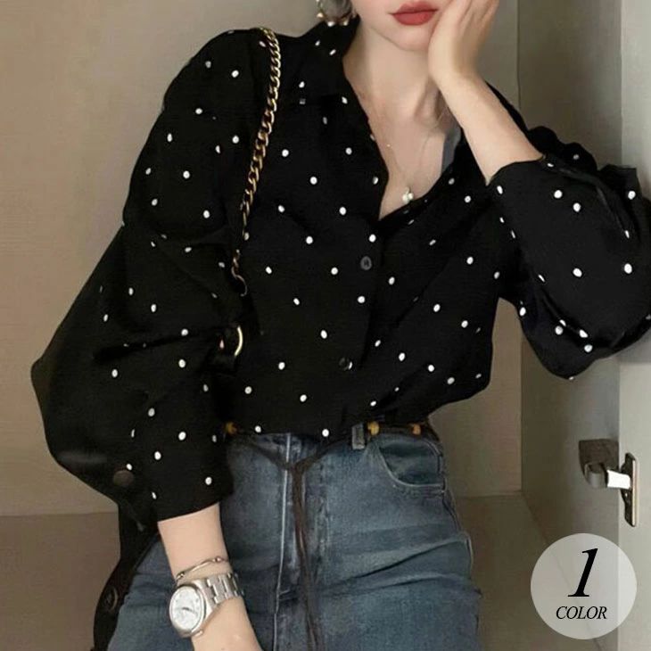シャツブラウスドット柄春きれいめトップスレディース長袖シャツ水玉ブラウスレトロレディース水玉模様シャツゆったり羽織りオシャレキレイめブラック黒韓国ファッション卒業式入学式入園式