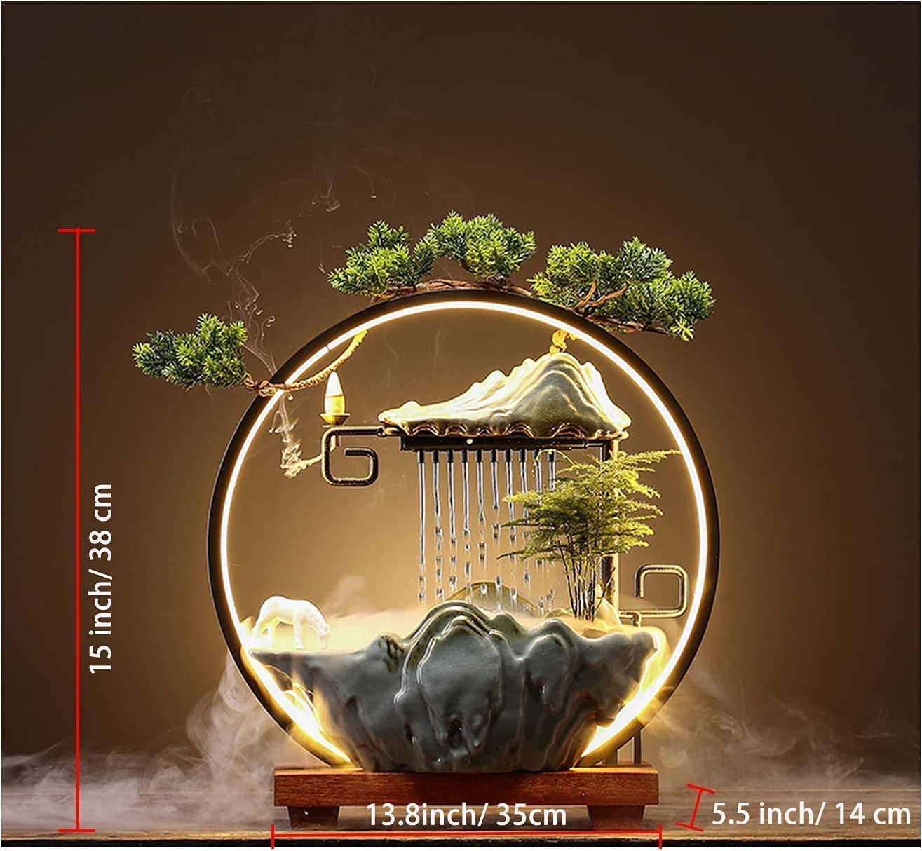 卓上噴水 屋内噴水 霧 LED 日本の屋内噴水 瞑想用 逆流香付き 人工植物 風水 装飾 幸運 富