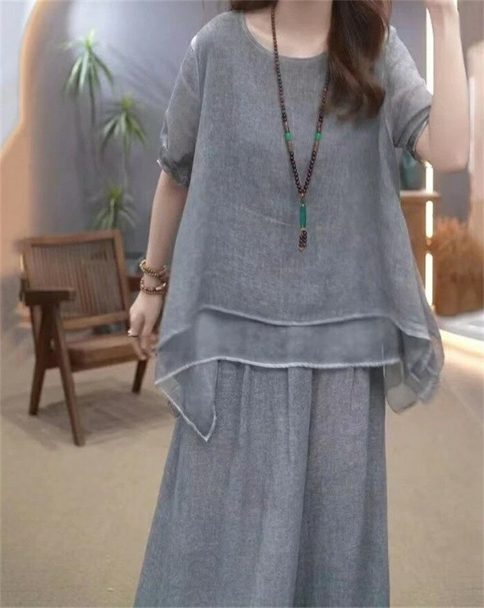 綿麻 半袖 トップス ワイドパンツ 上下セット...の紹介画像2