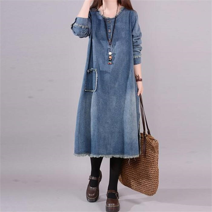 デニムワンピース レディース 長袖 50代 秋 春 デニム ワンピース ノーカラー カジュアル チュニック ミモレ丈 大きいサイズ aライン ワンピ ロングワンピース 無地 ダメージ加工 薄手 綿 ゆったり 体型カバー シンプル 着回し ヴィンテージ 春秋 30代 40代 送料無料