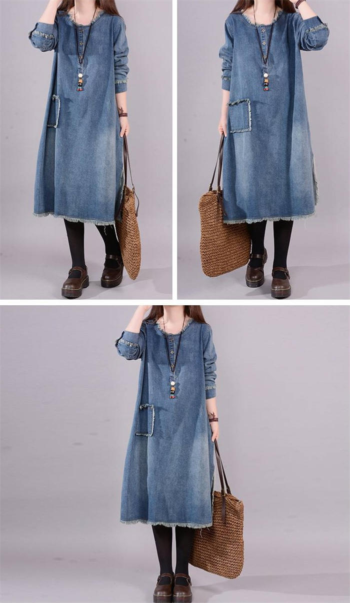 デニムワンピース レディース 長袖 50代 秋 春 デニム ワンピース ノーカラー カジュアル チュニック ミモレ丈 大きいサイズ aライン ワンピ ロングワンピース 無地 ダメージ加工 薄手 綿 ゆったり 体型カバー シンプル 着回し ヴィンテージ 春秋 30代 40代 送料無料