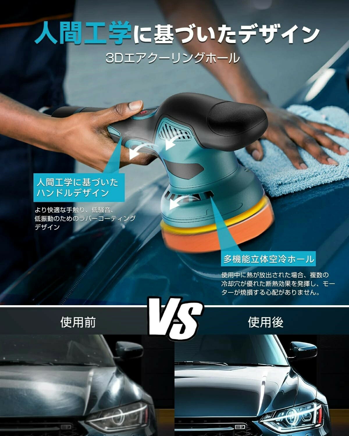 ポリッシャー 車 電動ポリッシャー コードレス 8段変速可能 5500回転/分 充電式ポリッシャー 大容量バッテリ一2個搭載 小型 軽量 研磨器 強力ポリッシャー 洗車 車磨き 鏡面磨き 傷消し 艶出し ワックス作業 家庭用 豊かな付属品 スポンジセット付き 研磨パッド付き