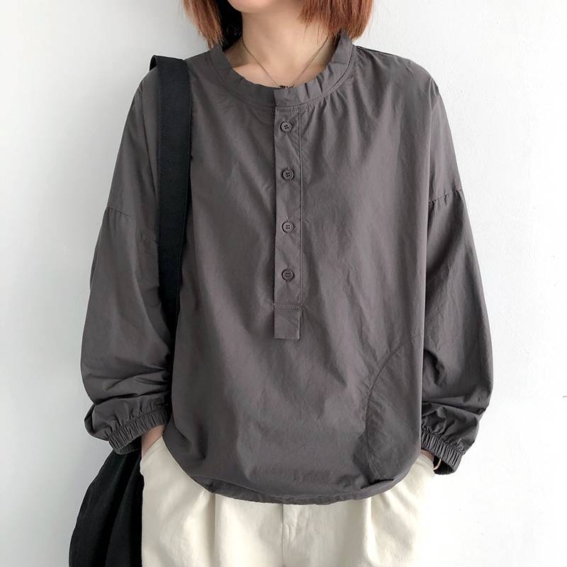 Long-Sleeved - シャツブラウス レディース 長袖シャツ バンドカラー クルーネック プルオーバー トップス スーツインナー シンプル 春 秋 ゆったり 大きいサイズ 無地 上品 きれいめ 通勤 OL フォーマル オフィス ナチュラル カジュアル 大人 白 黒 30代 40代 50代