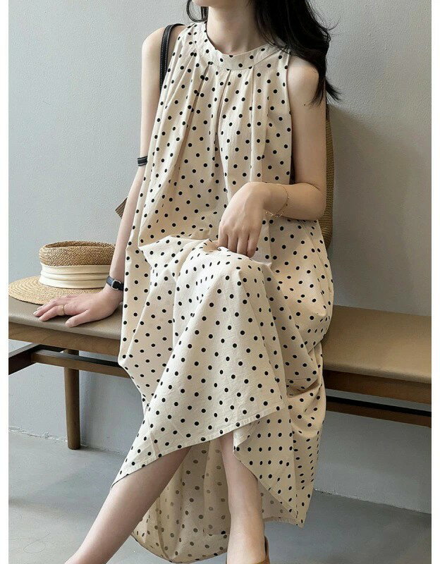 キャミワンピース ドット柄 ノースリーブ ワンピース ロングワンピース マキシワンピース レディース キャミソール 総柄 ドット柄 水玉 きれいめ ドット柄 体型カバー 大きいサイズ 大人ゆったり 着?せ トレンド感 エレガント シンプル カジュアル キレイめ