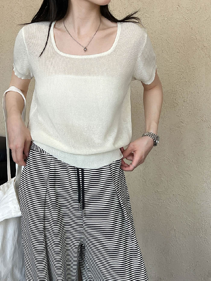 Tシャツ 透け感 半袖 レディース カットソー サマーニット 半袖 プルオーバー 透け感 夏 秋 春 トップス tシャツ ゆったり カジュアル おしゃれ シンプル ゆるっと きれいめ 着回し オフィス 通勤 OL