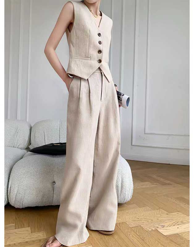 セットアップ レディース ベスト ワイドパンツ 綿麻 ジレ ベスト2点セット パンツスーツ 春 秋 夏 着痩せ シンプル きれいめ お洒落 重ね着 レイヤード 体型カバー ゆったり カジュアル 通勤 通学 OL お洒落