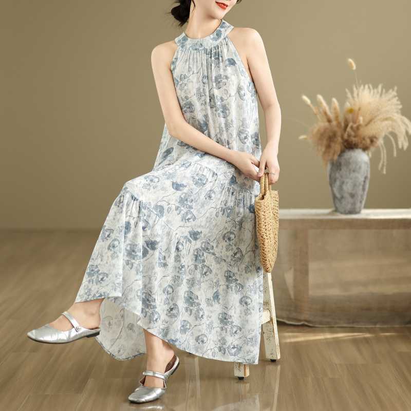ワンピース ティアード ワンピース 綿麻 ノースリーブ キャミソール 花柄 夏 レディース ふんわり ワンピース ロング丈 ティアード ガーリー ヴィンテージ ゆったり 大きいサイズ 体型カバー シンプル リゾート 旅行 ビーチ