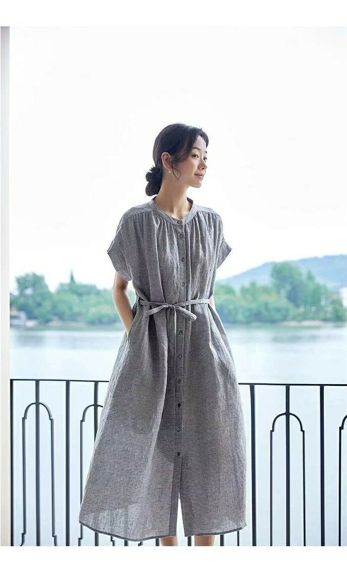 Comset 楽天市場店のシャツワンピース レディース 半袖 夏 リネン混 ワンピース ストライプ柄 夏 前開き クルーネック ロングワンピース シャツワンピース クルーネック 麻 ワンピース ベルト付き 柔らか ナチュラル 大きいサイズ 体型カバー 着痩せ ゆったり 大人可愛い カジュアル｜アングル3