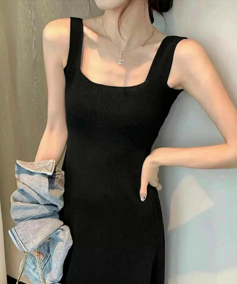 ニットキャミワンピース レディース Aラインワンピース ノースリーブ 無地 ロングワンピース