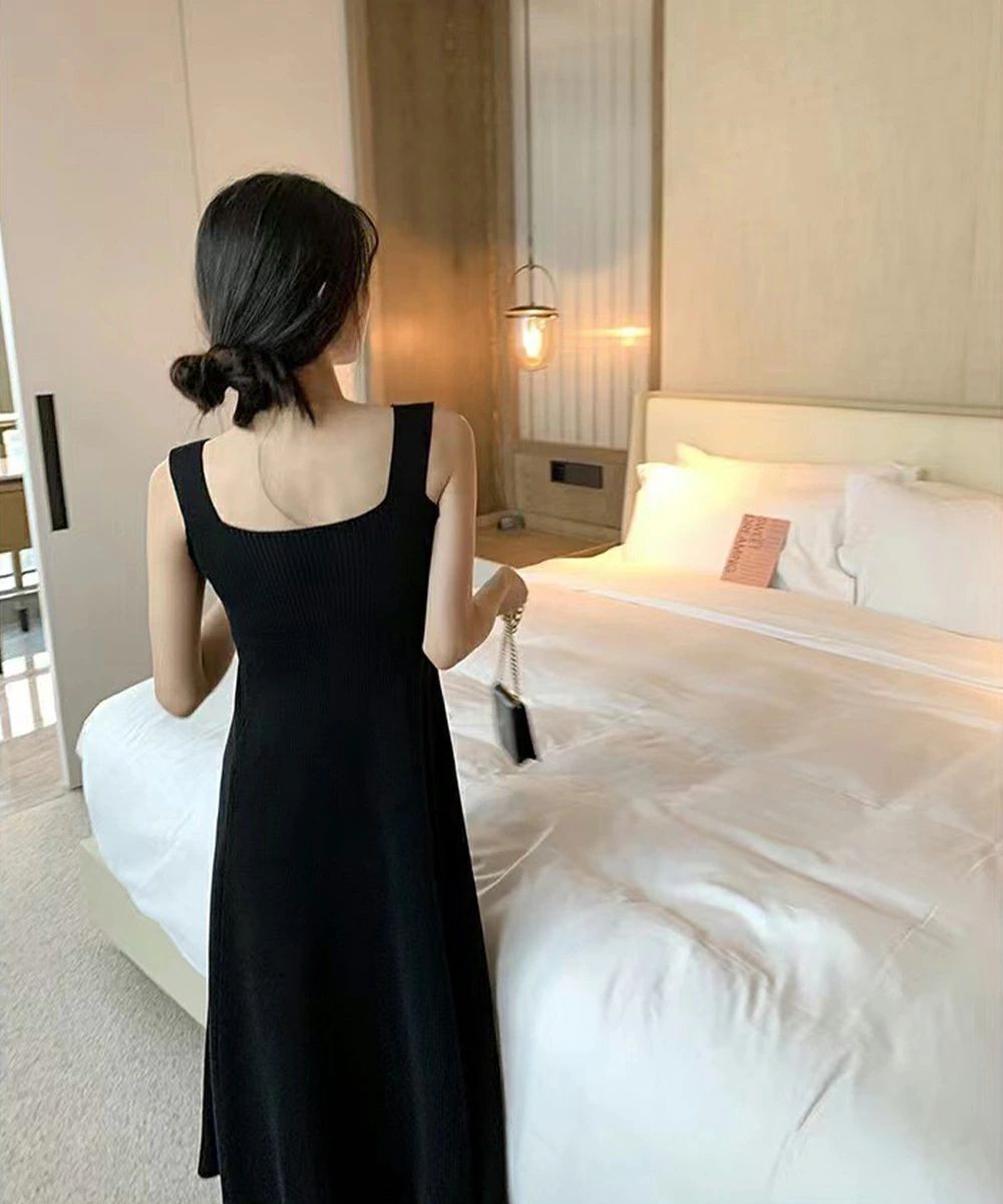 ニットキャミワンピース レディース Aラインワンピース ノースリーブ 無地 ロングワンピース