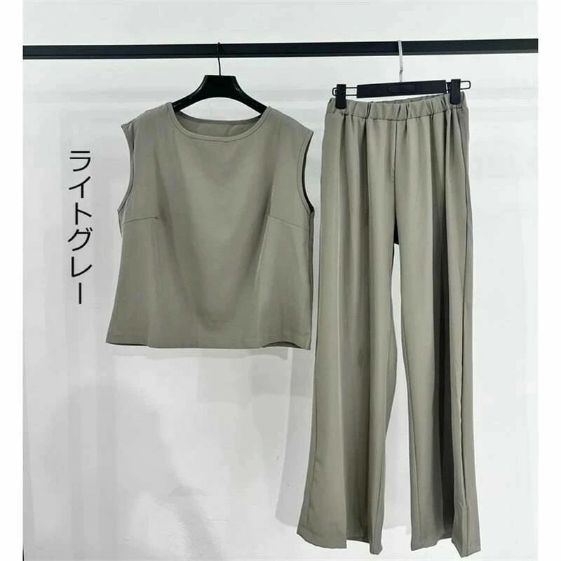 レディース 2点セット 上下セット Tシャツ ブラウス パンツ トップス ワイドトパンツ 着痩せ ルームウェア 体型カバー