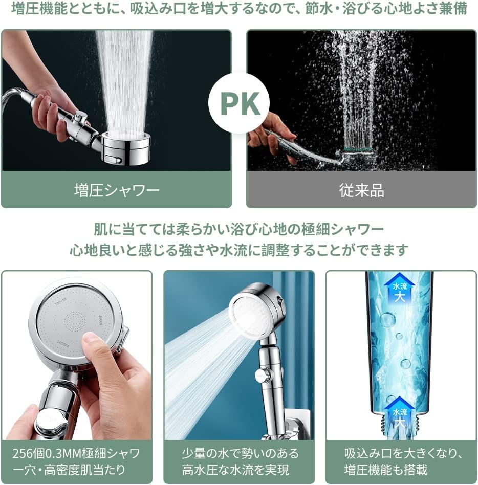 肌ケア 360度角度調整 増圧 3段階モード 6つ付き(付属5つ＋内蔵1つ) カートリッジ 高水圧 水量水圧調節 節水 シャワーヘッド
