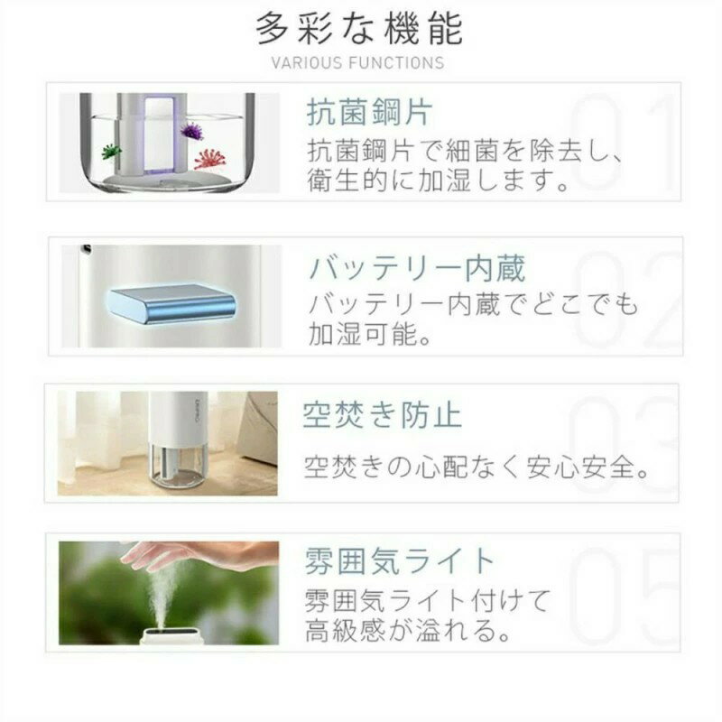 送料無料 2024進化版 抗菌鋼片】加湿器 卓上 超音波 車載加湿器 卓上加湿器 ミニ加湿器 オフィス 加湿器 充電式 除菌 7色LEDランプ 空焚き防止 気化式 新生活 応援 3
