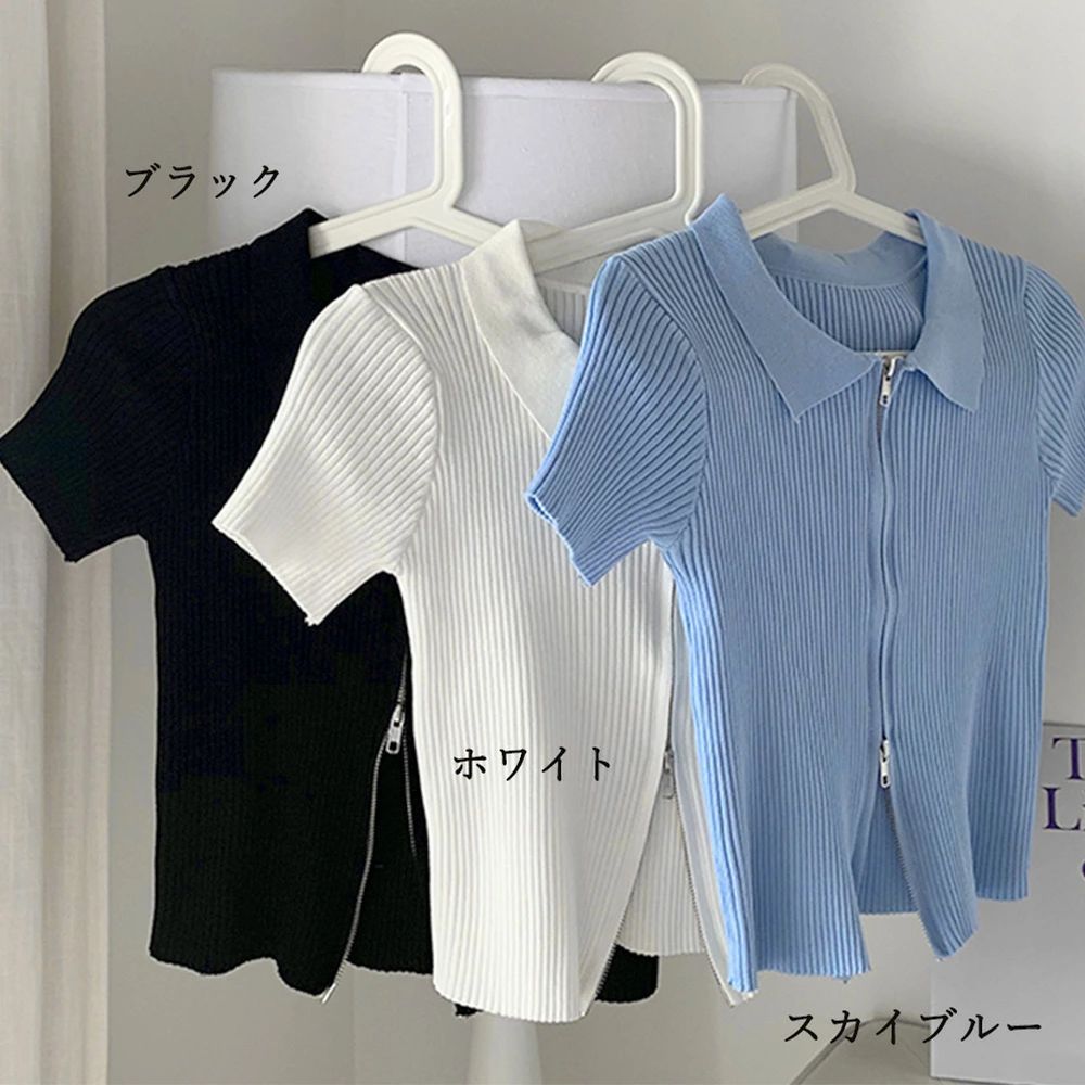 其它 - 大人コーデ ベーシック ファスナー Vネック サマーニット へそ出し トップス カーディガン 無地 リブ編み