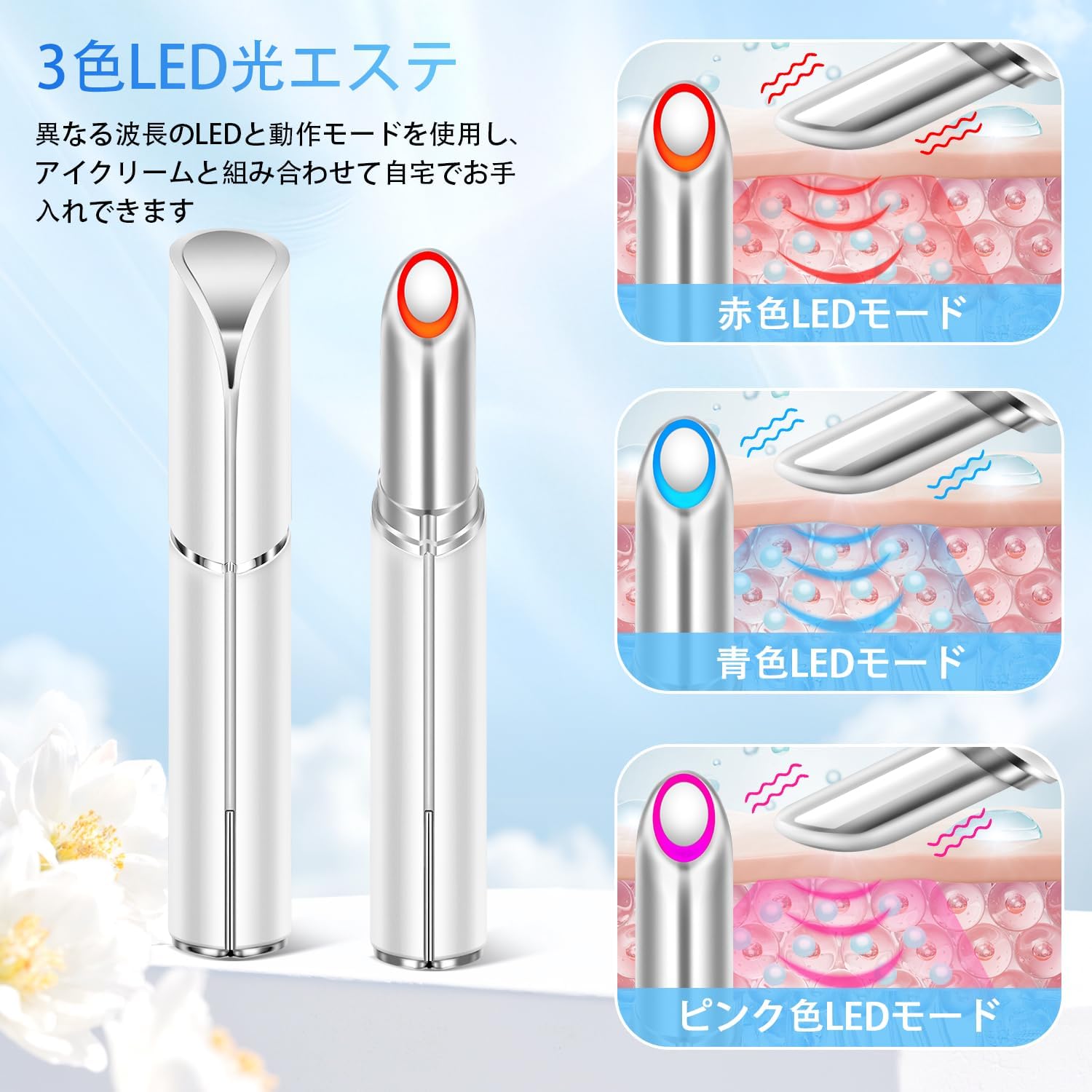 Comset 楽天市場店の美顔器 リフトアップ 目元美顔器 美容器 温熱 イオン導入 3色LED 美肌 3モード フェイス 目元 口元 人気 自宅用 美容家電 type-C充電式 ホワイト｜アングル2