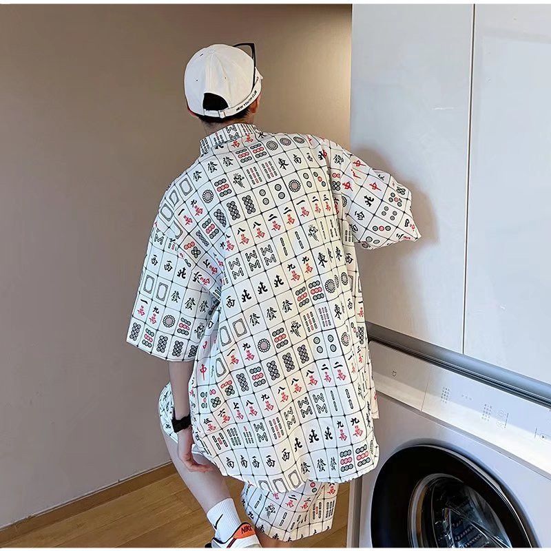 上下セット メンズ 半袖シャツ 麻雀シャツ 総柄 サマーシャツ 韓国風 カジュアルシャツ 麻雀プリント ゆったり ストリート ハンサム　マージャン　アロハシャツ