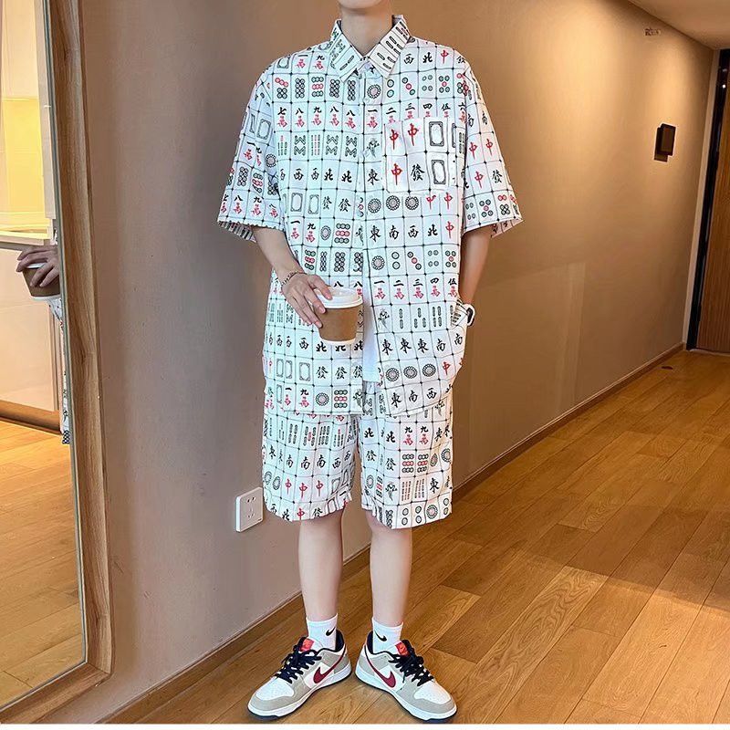 上下セット メンズ 半袖シャツ 麻雀シャツ 総柄 サマーシャツ 韓国風 カジュアルシャツ 麻雀プリント ゆったり ストリート ハンサム　マージャン　アロハシャツ