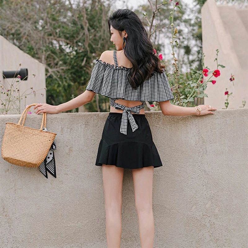 2点セット 水着 レディース 体型カバー 可愛い フリル チェック柄 水着 韓国 水着 タンキニ 水着 タンキニ 露出控えめ セパレート 上下セット スカート 可愛い水着 みずぎ 大人 水着 温泉 プール M L XL 2