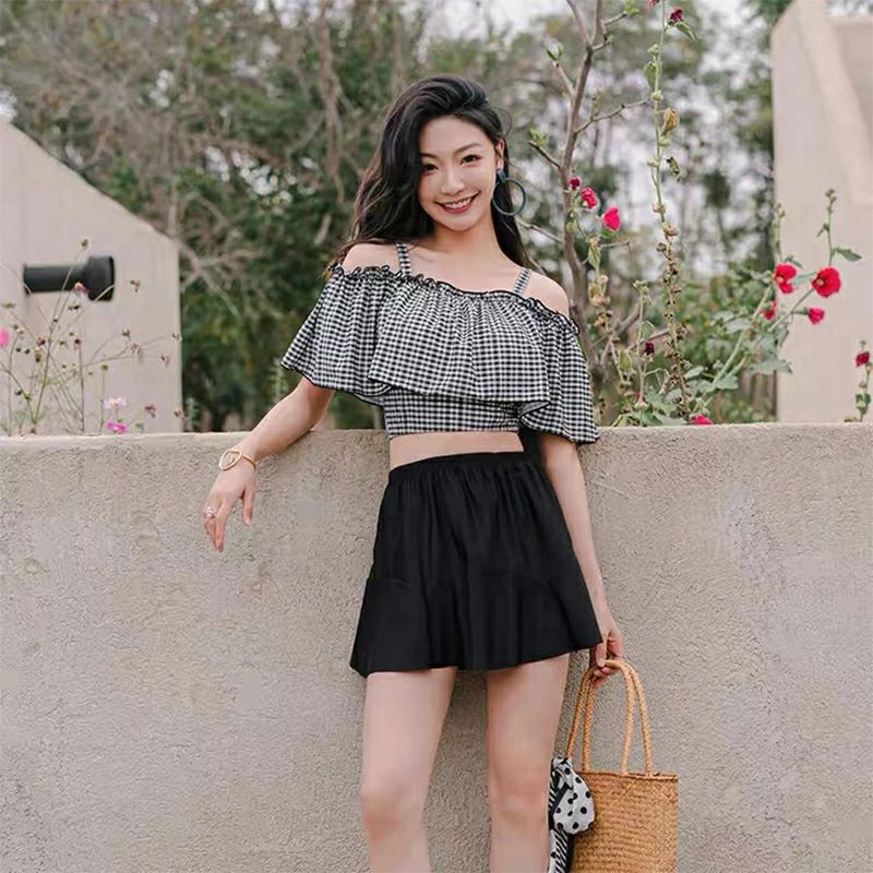 2点セット 水着 レディース 体型カバー 可愛い フリル チェック柄 水着 韓国 水着 タンキニ 水着 タンキニ 露出控えめ セパレート 上下セット スカート 可愛い水着 みずぎ 大人 水着 温泉 プール M L XL 3