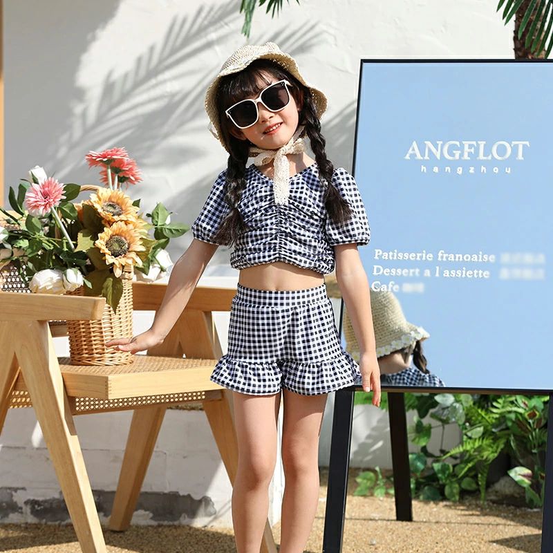 子供水着 キッズ水着 セパレート 女の子 子供 水着 チェック柄 3点セット ジュニア...