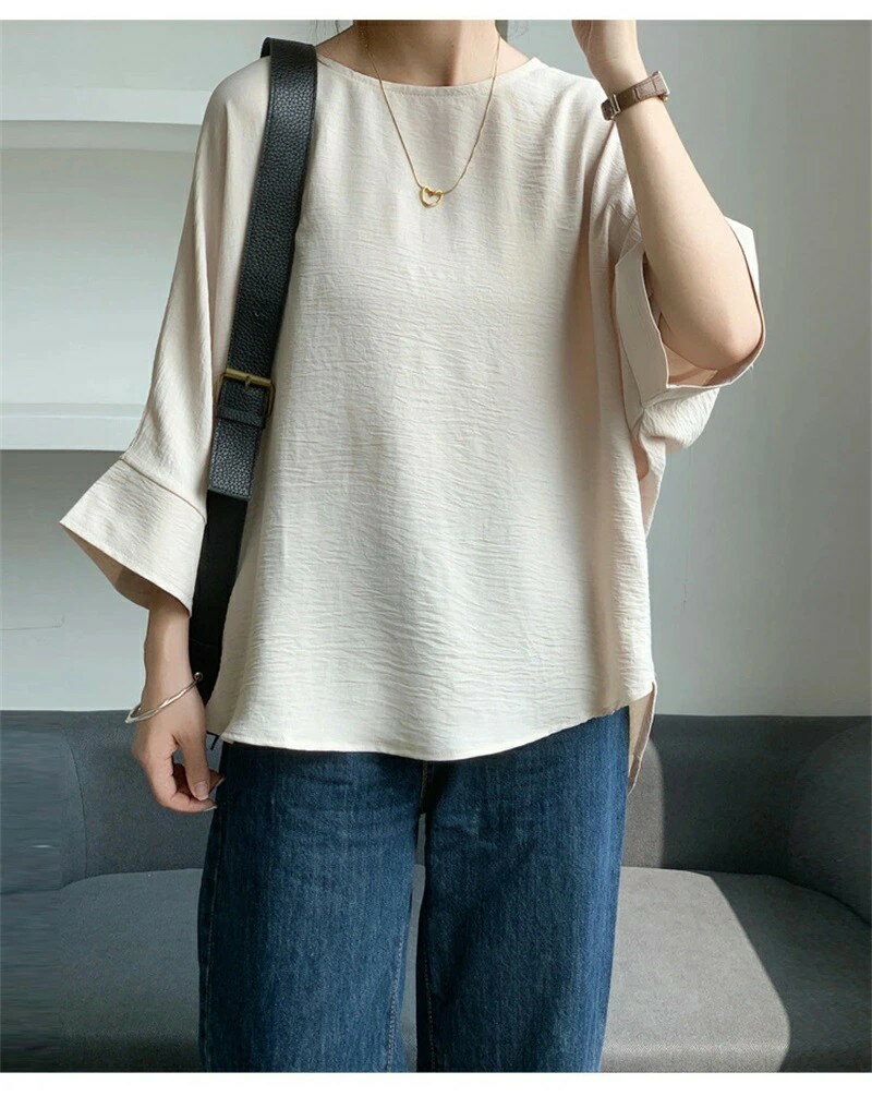 ルーズ バットスリーブシャツ 5色展開 実用 清潔感 レディース トップス 高級 夏 婦人服 七分袖 丸首