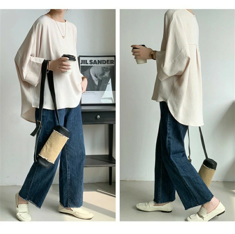 ルーズ バットスリーブシャツ 5色展開 実用 清潔感 レディース トップス 高級 夏 婦人服 七分袖 丸首