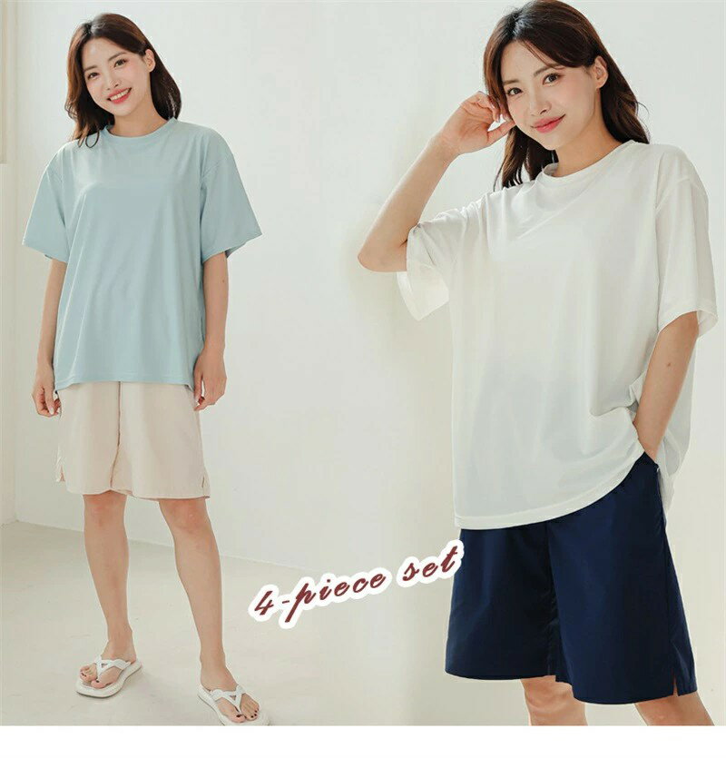 レディース水着 体型カバー 4点セット Tシャツ ショートパンツ タンキニ タンクトップ セパレート カバーアップ 20代 30代 40代 50代 60代 UPF50＋ UV対策 速乾 ストレッチ 女性 女子
