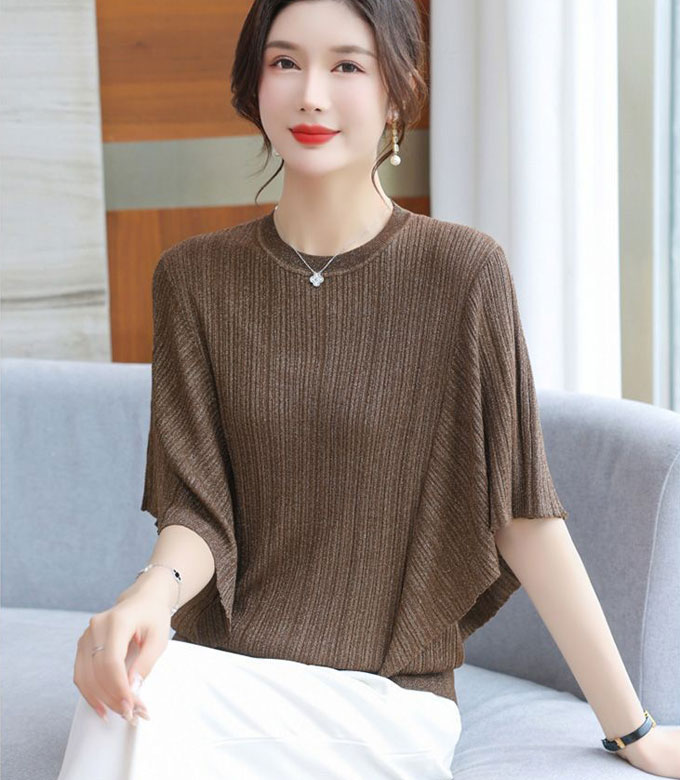仕事 オフィス きれいめ 着?せ 体型カバー 無地 トップス リブ編み 五分袖 レディース 袖フレア トップス