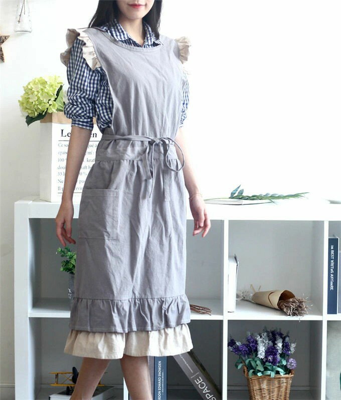 エプロン おしゃれ ロング 胸当てエプロン リネン ポケット付き おしりが隠れる 綿 名入れ可能 フリル スカラップ 厚手 花屋 優しい 保育士 幼稚園 着やすい 大きいサイズ 重ね着風 家事 料理 料理教室 美容師 送料無料 3