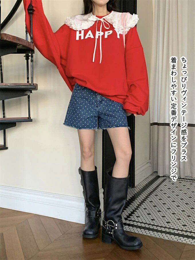 デニムショートパンツ レディース デニムパンツ ジーンズ ショート丈 ワイドパンツ 短パン 水玉柄 ハイウエスト ボトムス ゆったり 着痩せ カジュアル 着回し ベーシック ファッション 可愛い 脚長効果 ストリート 春夏 送料無料 3