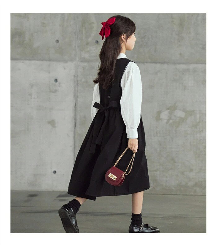 Comset 楽天市場店の新品発売！「シャツ＋スカート2点セット」モノトーン ノースリーブワンピース Aライン ミディアム丈 重ね着 可愛い 高級感 おしゃれ 親子服 ブラック 女の子 ガールズ 韓国子供服 キッズファッション ワンピース 春夏120cm 130cm 140cm 150cm 160cm｜アングル3
