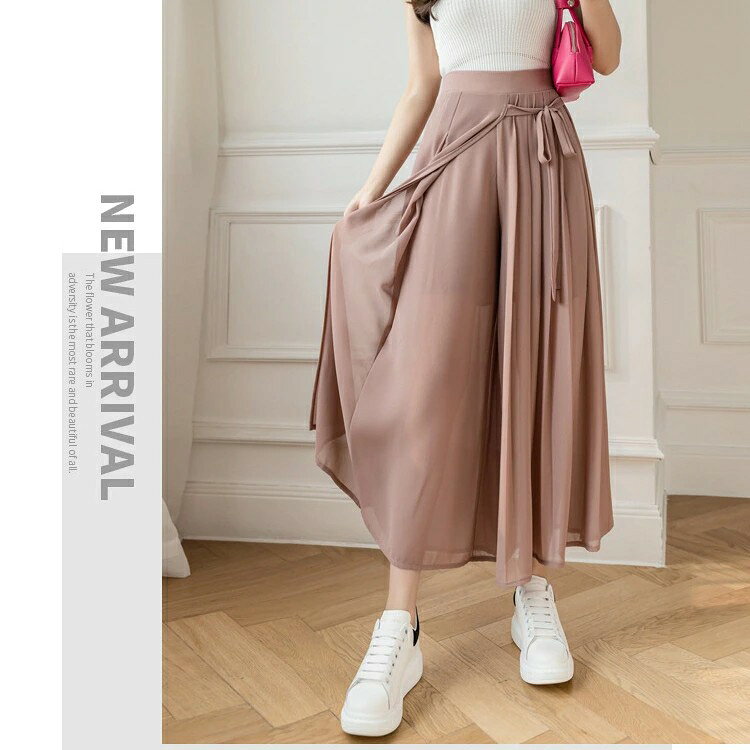 Comset 楽天市場店のワイドパンツ パンツ レディース 9分丈 シフォンパンツ ボトムス 快適 ロング丈 ガウチョパンツ ワイドプリーツパンツ レディースボトム カジュアルパンツ 夏 カジュアル 通学 通勤 ブラック｜アングル3