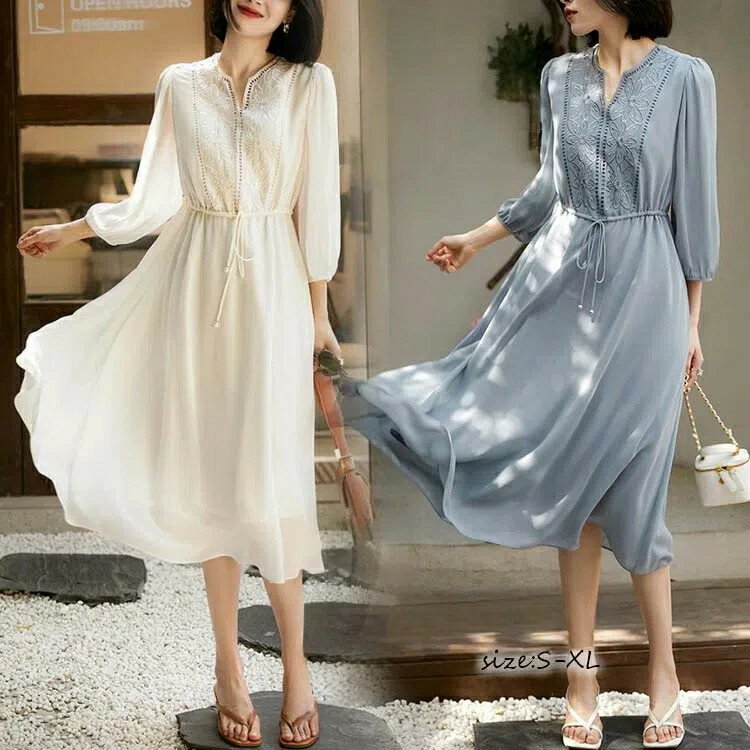 ワンピース レディース 40代 きれいめ 膝丈ワンピース 夏 五分袖ワンピース パフスリーブ 花刺繍 薄手 ロングワンピース Aライン 着痩せ 夏服 夏物 オシャレ韓国風 結婚式 パーティー 二次会ドレス 大人 通勤OL ゆったり 30代 50代