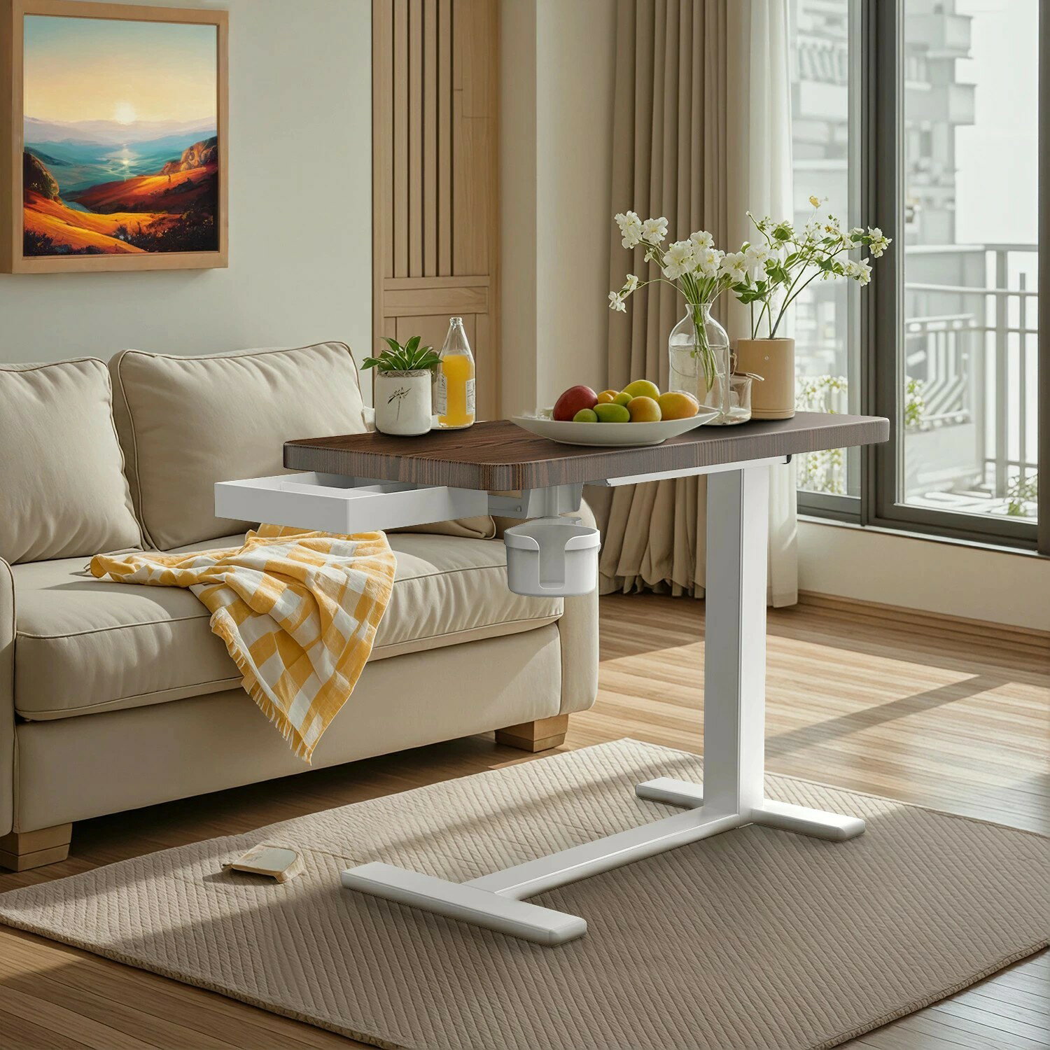 昇降式サイドテーブル 高さ調節 昇降式デスク 昇降式テーブル ベッドテーブル カップホルダー 引き出し付き ナイトテーブル ソファ横 ガス圧昇降 ベッドテーブル PCテーブル ル キャスター付き 耐荷重30KG サイドデスク ベッド ソファー 在宅勤務