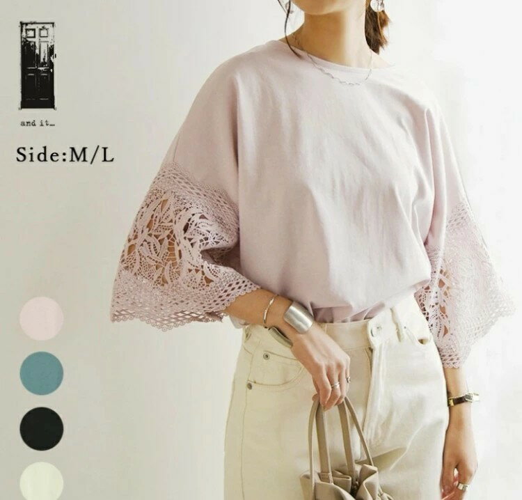 樂天商城 - ゆったり透けレースの七分袖パッチワークの丸首Tシャツです