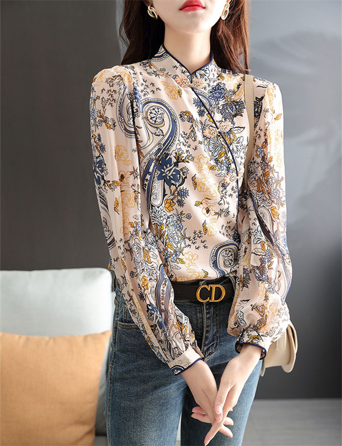 シャツブラウス レデイース トップス 斜めボタン 長袖 チャイナ風 プリント プルオーバー 花柄 総柄 エスニック ゆったり 着痩せ おしゃれ レトロ 春物 秋物 送料無料
