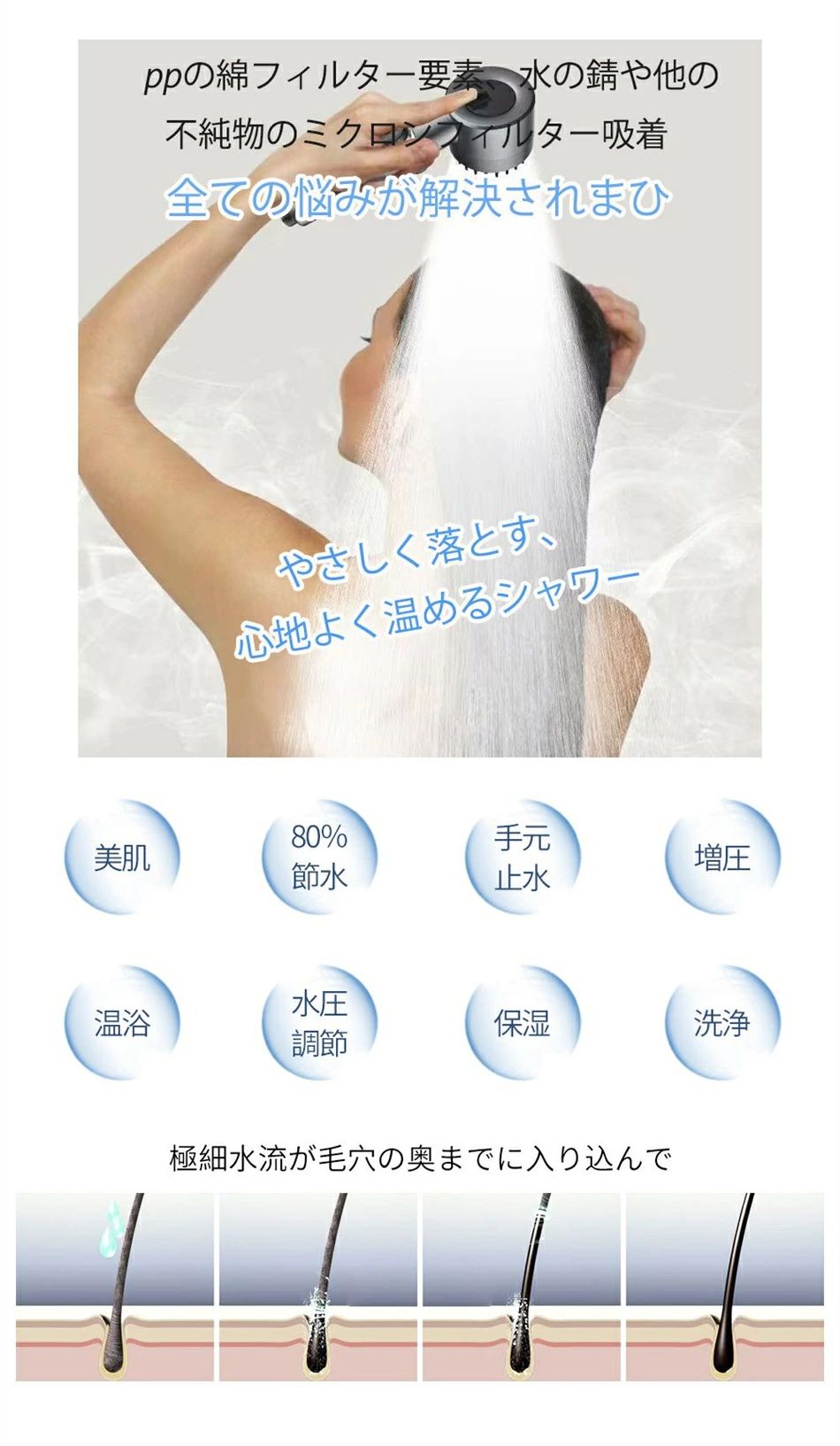シャワーヘッド マイクロバブル 美容 節水 増圧 頭皮 毛穴汚れ うるおい 水流 手元止水 高洗浄力 肌ケア 美髪 美肌 美顔 交換 ミスト水圧調節 キモチイイ 高水圧 マッサージ 水漏れ防止 3階段モード 止水ボタン 取付簡単 1.5mの防爆チューブとノーパンチブラケットが付属