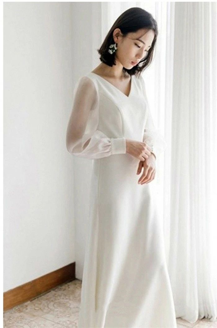 ウエディングドレス パーティードレス カジュアル ビーチフォト 前撮り 後撮り フォトウエディング 花嫁ドレス 長袖 シンプル ナチュラル 安い 撮影 海外挙式 披露宴 結婚式 演奏会 発表会 パッド付き 送料無料