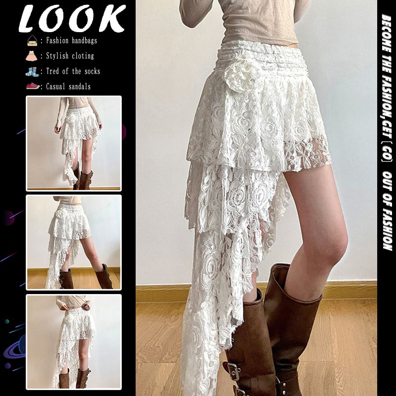 レーススカート レディース アシンメトリー フェアリー ティアードスカート ミニスカート フィッシュテール 変形デザイン Y2K ホワイト 春夏 大人可愛い 透け感 清楚系 華やか フリルスカート 裏